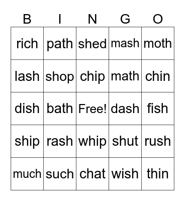 Digraph words Bingo Card