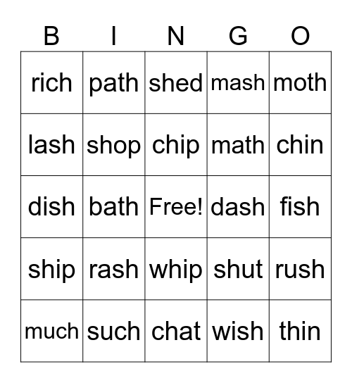 Digraph words Bingo Card