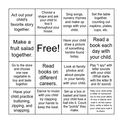Activity Bingo Card