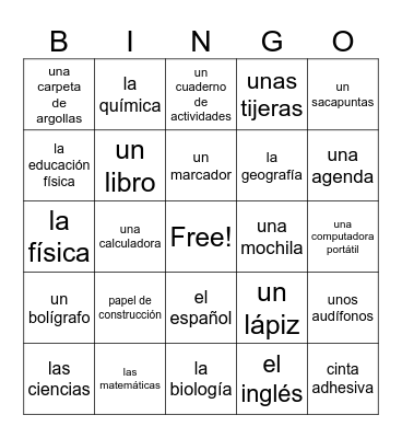 En la escuela Bingo Card