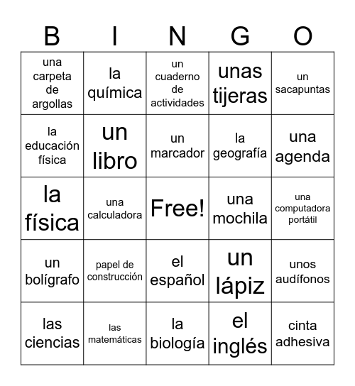 En la escuela Bingo Card