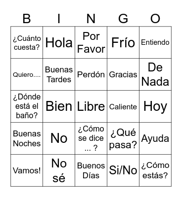 Useful Spanish Words! Bingo Card