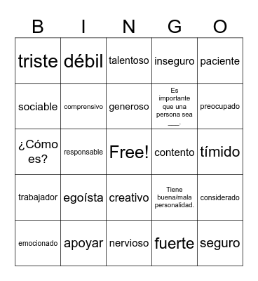 las personalidades Bingo Card