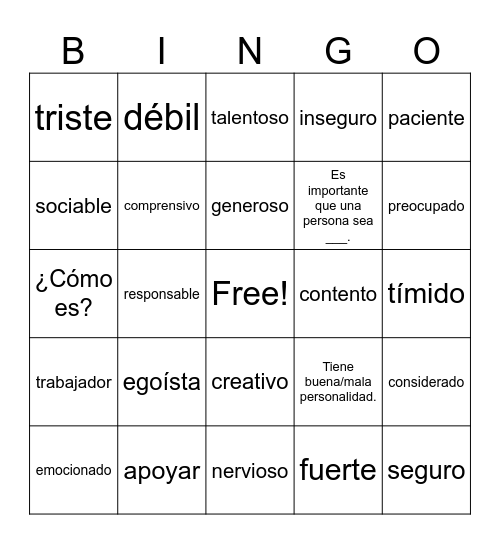 las personalidades Bingo Card