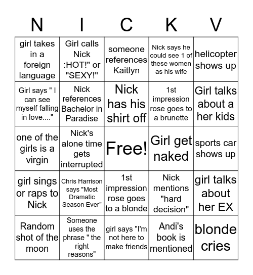 Bachelor Nick V. 2017 Bingo Card