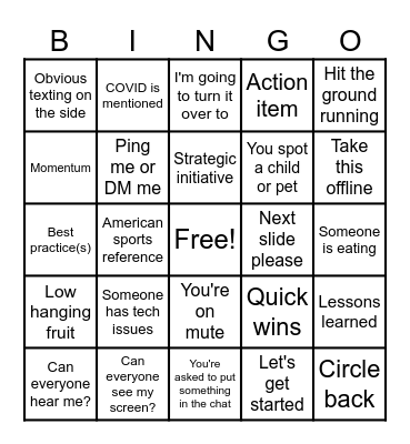Corporate ZOOM Bingo Card
