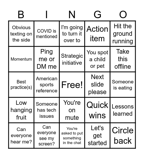 Corporate ZOOM Bingo Card