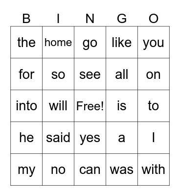 Sight Words Bingo Card