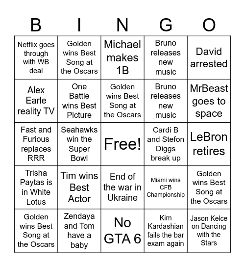 Pop culture bingo 2026 Bingo Card