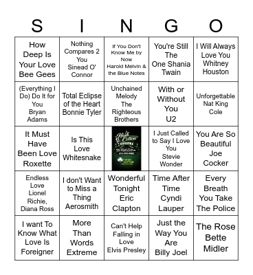 Love Song SINGO Bingo Card