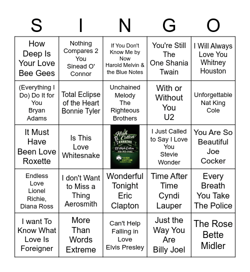 Love Song SINGO Bingo Card