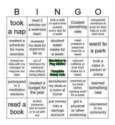 Wellness & Safety Bingo Card Bingo Card