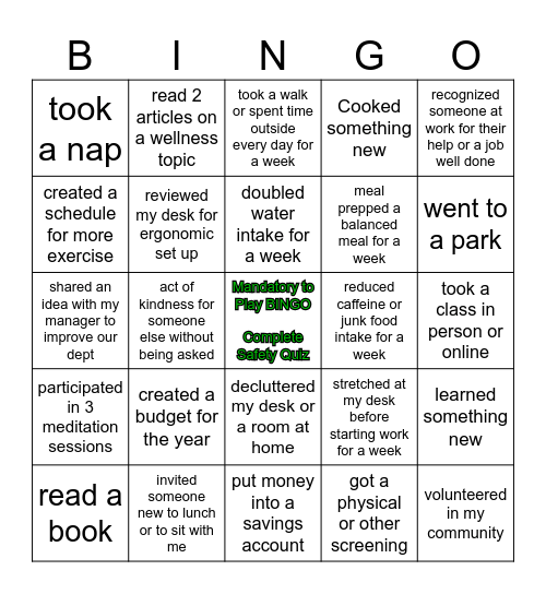 Wellness & Safety Bingo Card Bingo Card