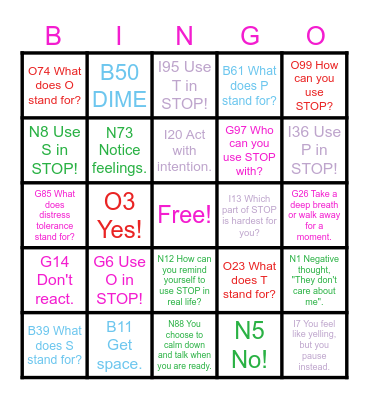 STOP SKILL Bingo Card