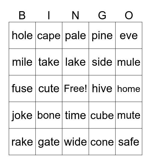 Long Vowel Silent E Bingo Card