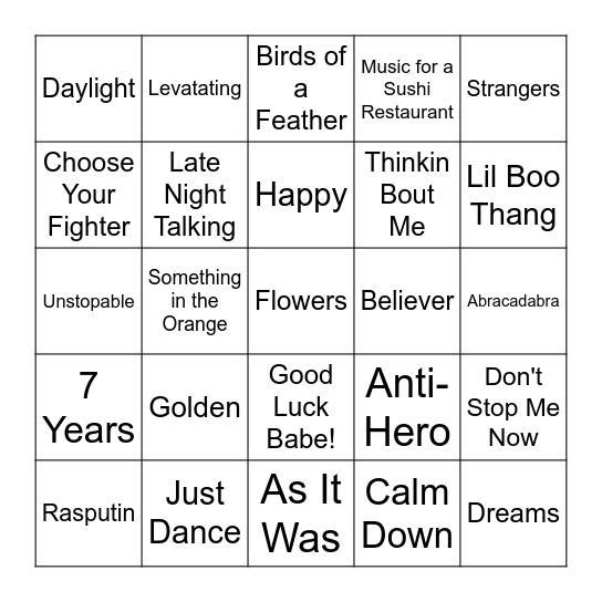 Song Bingo Card