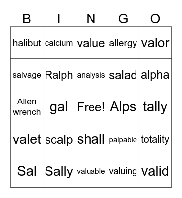 Sal is my pal BINGO WITH -AL Bingo Card