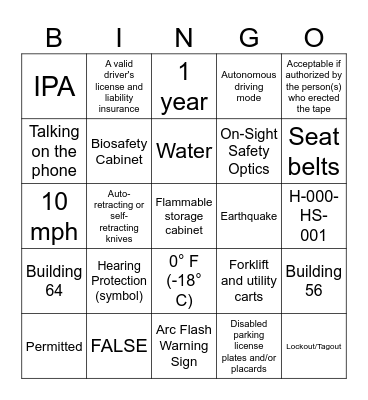 Safety Bingo Card