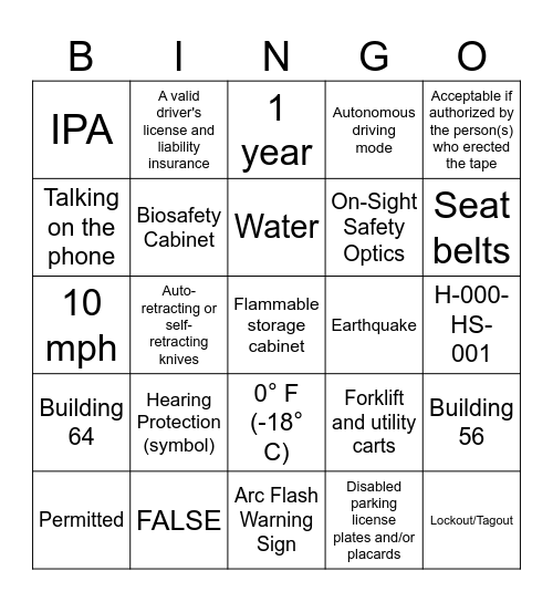 Safety Bingo Card