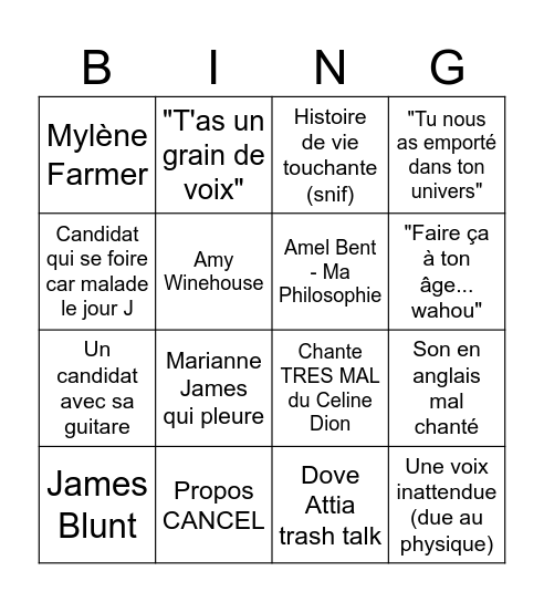 Nouvelle Star 2007 Bingo Card