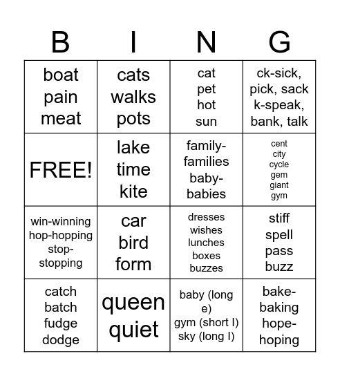 Spelling Rules Bingo Card