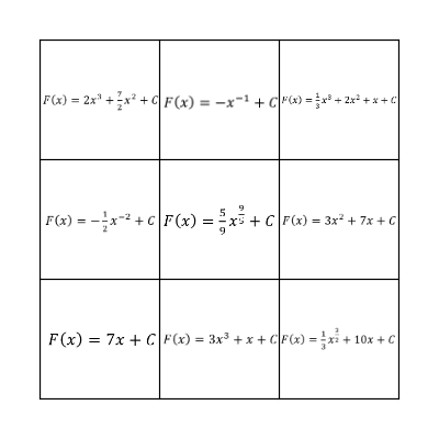 Antiderivative Bingo Card