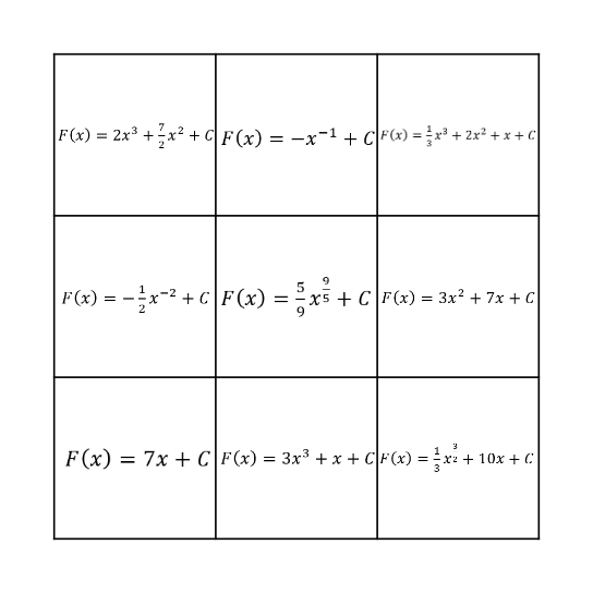 Antiderivative Bingo Card