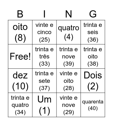 Portuguese bingo! Bingo Card