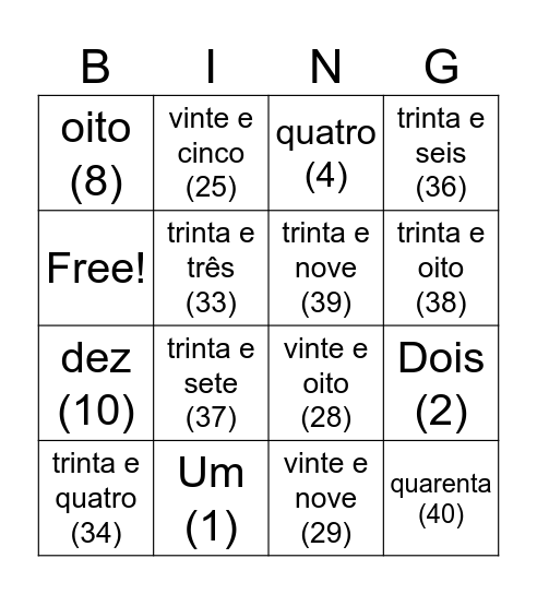 Portuguese bingo! Bingo Card