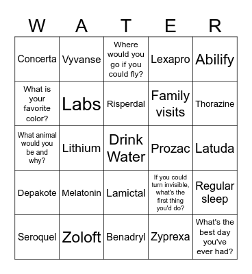 Psychiatric Medication Bingo Card