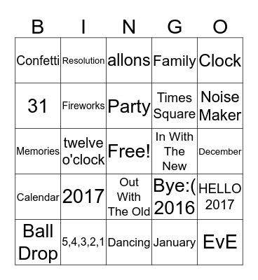 New Years Is Coming Bingo Card
