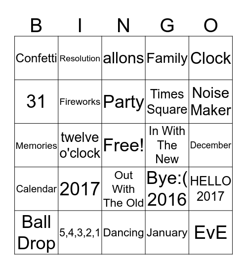 New Years Is Coming Bingo Card