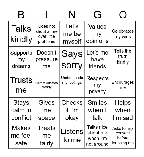 Healthy Relationships Bingo Card