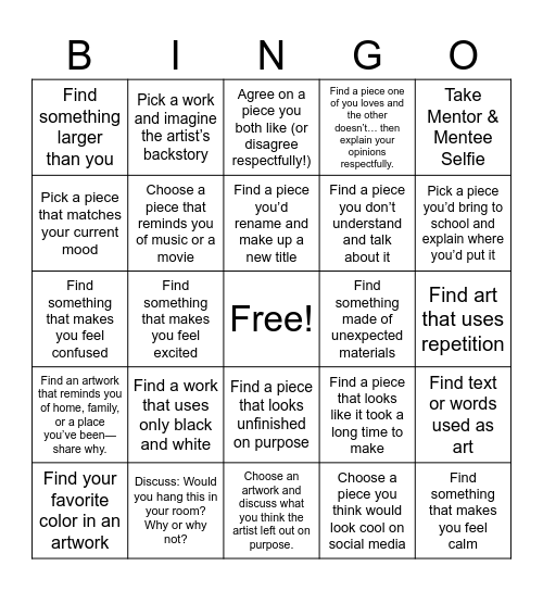 Mentor-Mentee Museum Bingo Card