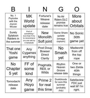 Inevitable February Direct Bingo Card