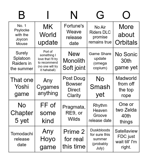 Inevitable February Direct Bingo Card