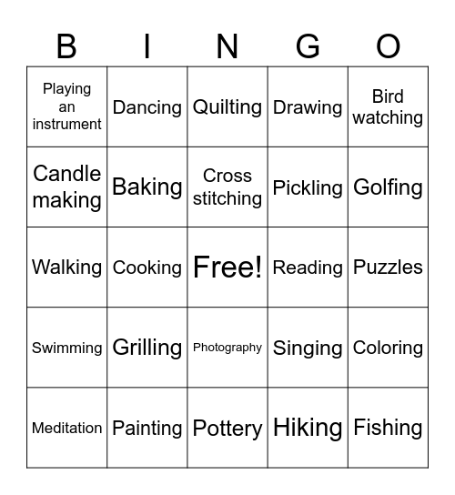 Hobbies Bingo Card