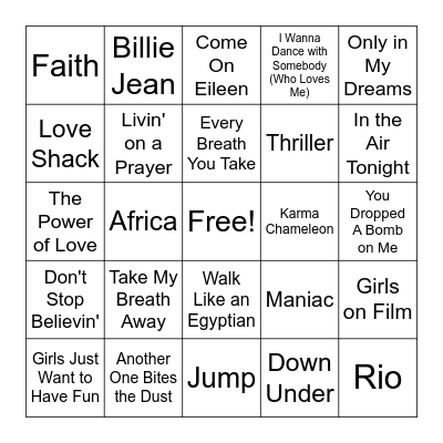 Round 2: 1980s Hits Bingo Card
