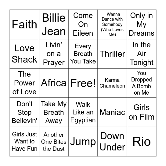 Round 2: 1980s Hits Bingo Card