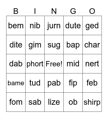 Nonsense Words 3.0 Bingo Card