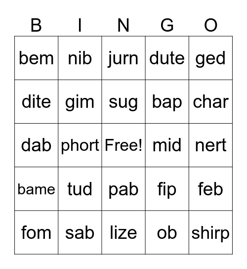 Nonsense Words 3.0 Bingo Card