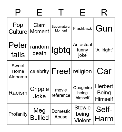 Family Guy OOC Bingo Card