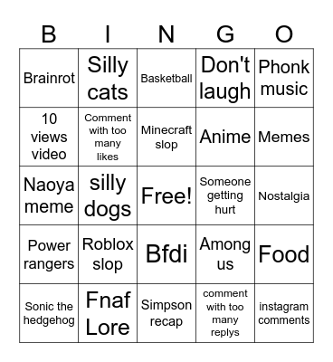 The Youtube shorts bingo Card