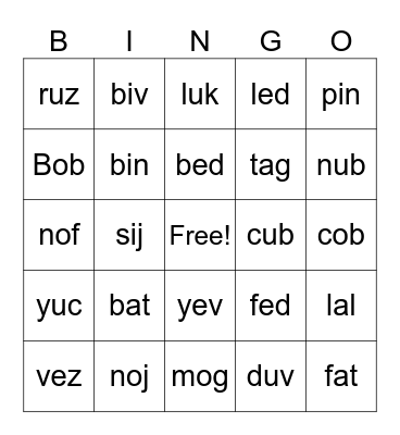 Real/Nonsense Words Bingo Card
