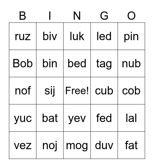 Real/Nonsense Words Bingo Card