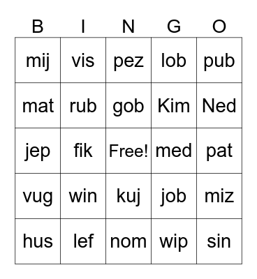 Real/Nonsense Words Bingo Card