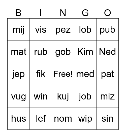 Real/Nonsense Words Bingo Card