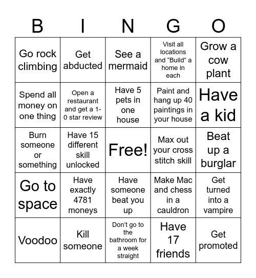 Sims Bingo Card