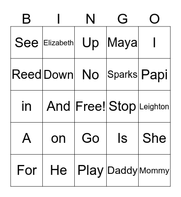 Sight Words Bingo Card