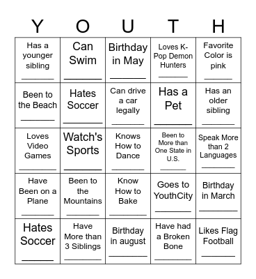 YouthCity Conversations in Different Settings Bingo Card